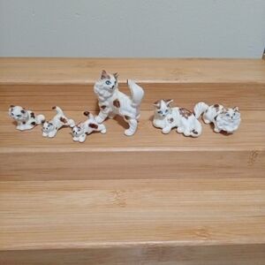 Bone China Cat Figurine Set - White with Brown Accents